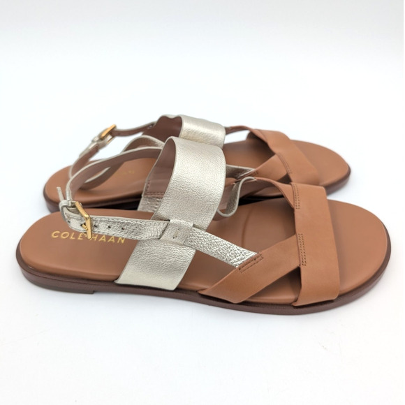 Cole Haan Fawn Women's Slingback Flat Sandal Strappy Tan/Gold Buckle Size US8B - Picture 3 of 9